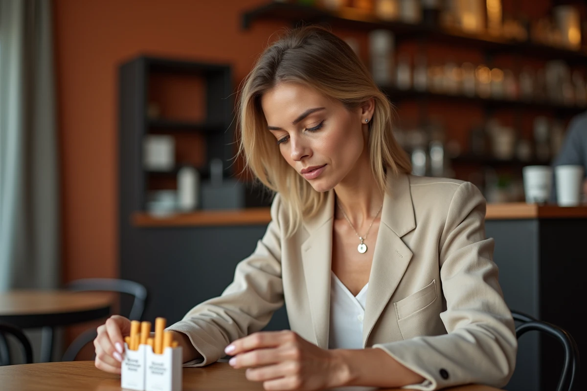 Femme comparant deux paquets de cigarettes Vogue aux couleurs différentes dans un café parisien contemporain