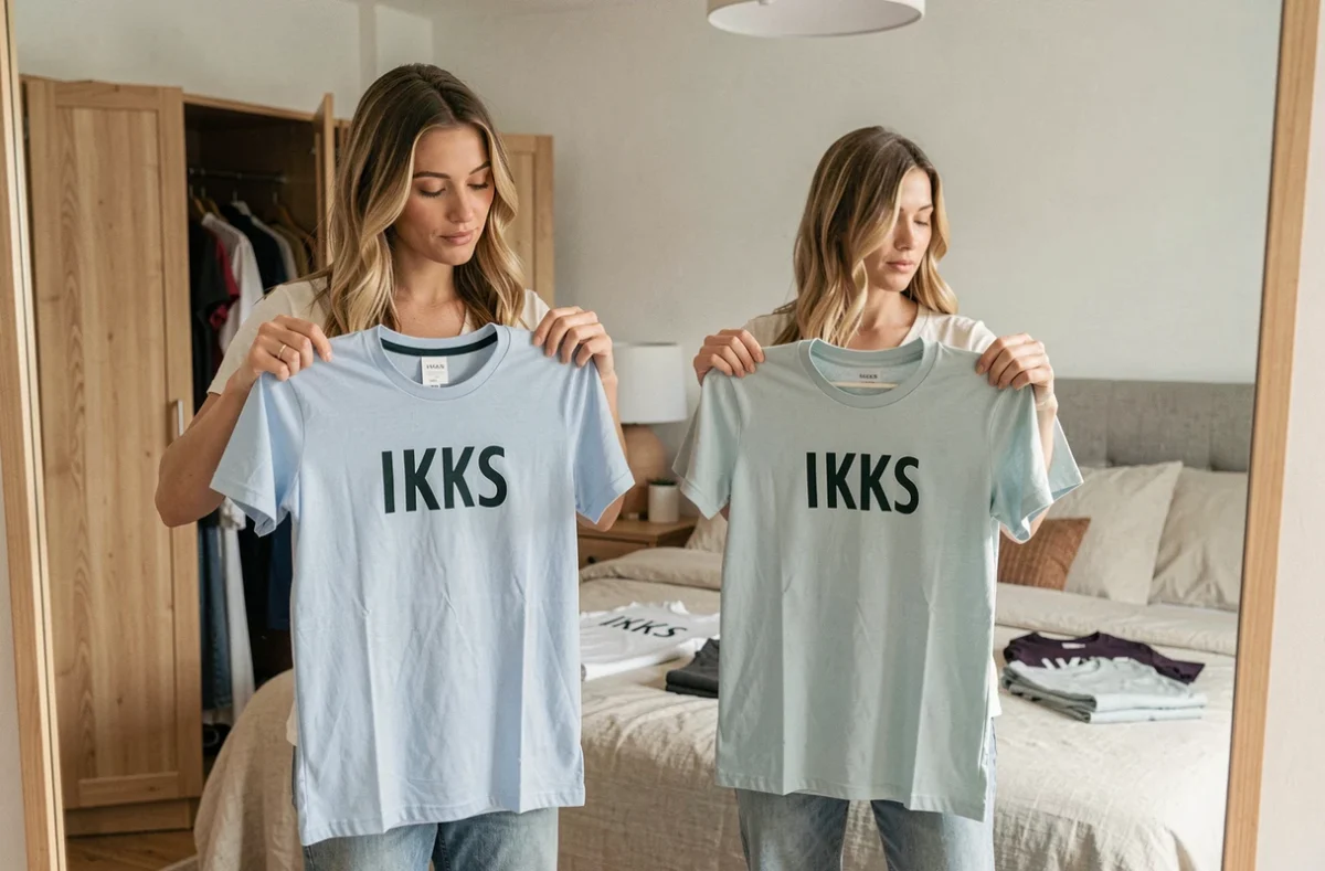 Femme comparant deux tailles de chemises IKKS devant un miroir dans une chambre pour choisir la bonne coupe
