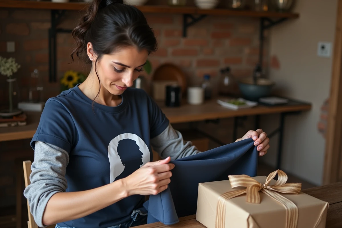 Femme découvrant un tee shirt Charles de Gaulle comme cadeau dans un appartement parisien