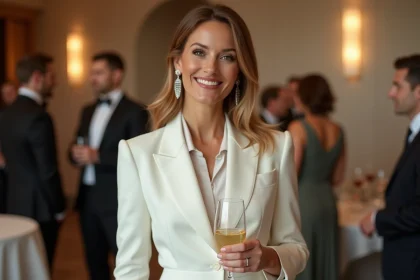 Femme &eacute;l&eacute;gante en tuxedo blanc lors d'une soir&eacute;e chic