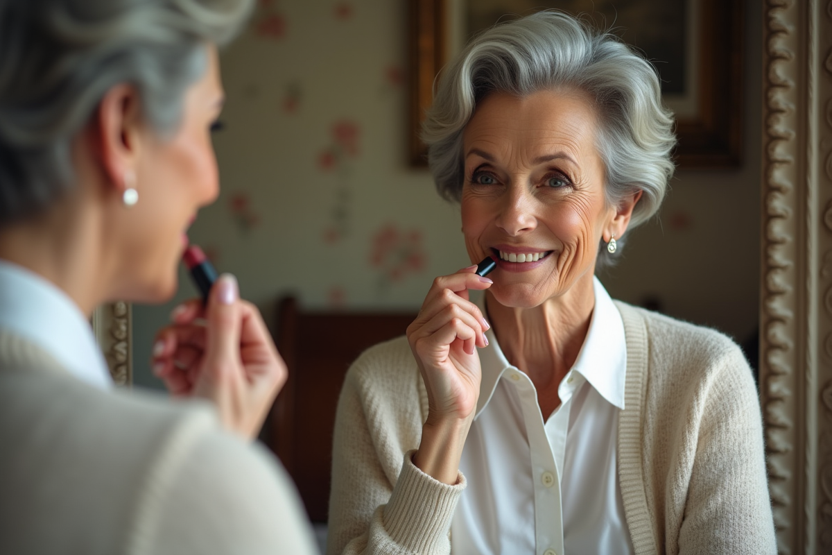 Femme élégante de 60 ans se maquillant dans un miroir