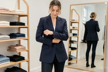 Femme essayant un blazer IKKS en boutique pour vérifier le tombé et la taille du vêtement