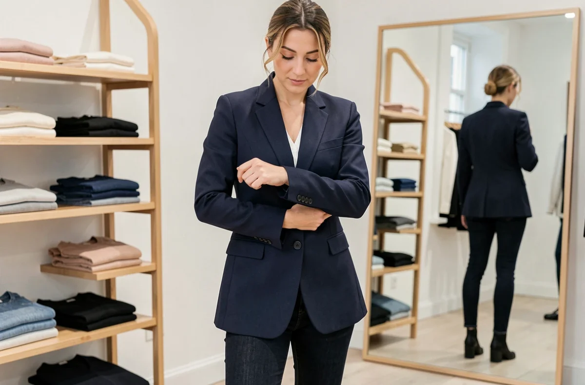 Femme essayant un blazer IKKS en boutique pour vérifier le tombé et la taille du vêtement