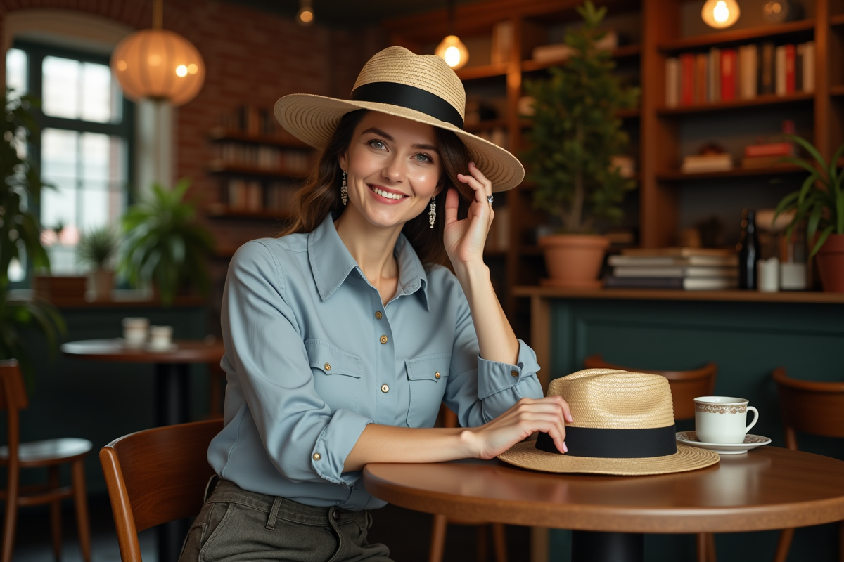 Femme tenant un chapeau dans un café chaleureux