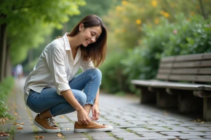 Femme d'âge moyen nouant ses chaussures en cuir naturel dans un parc urbain