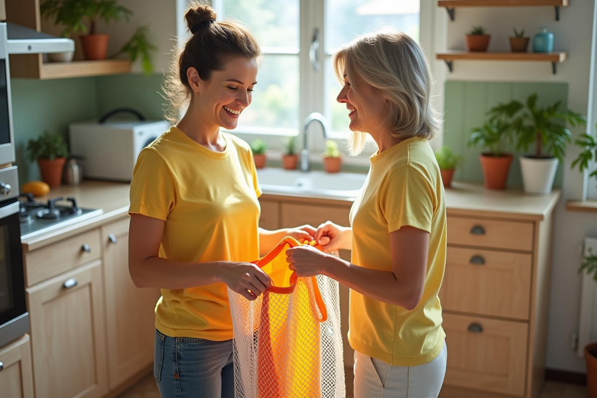 Femme pliant un t shirt coloré dans la cuisine