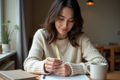 Femme mesurant son doigt avec un ruban dans un intérieur cosy