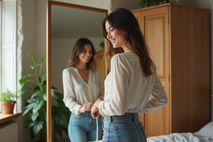 Femme souriante mesurant sa taille avec un ruban dans une chambre lumineuse
