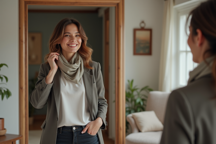 Femme en blazer ajusté ajustant une écharpe en miroir