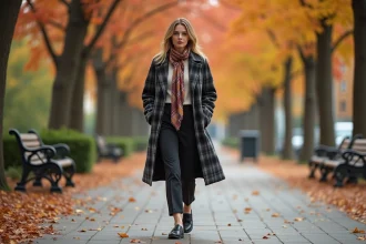 Femme élégante marche dans un parc automnal en ville