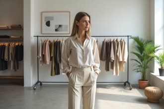 Femme élégante dans une boutique moderne en tenue minimaliste