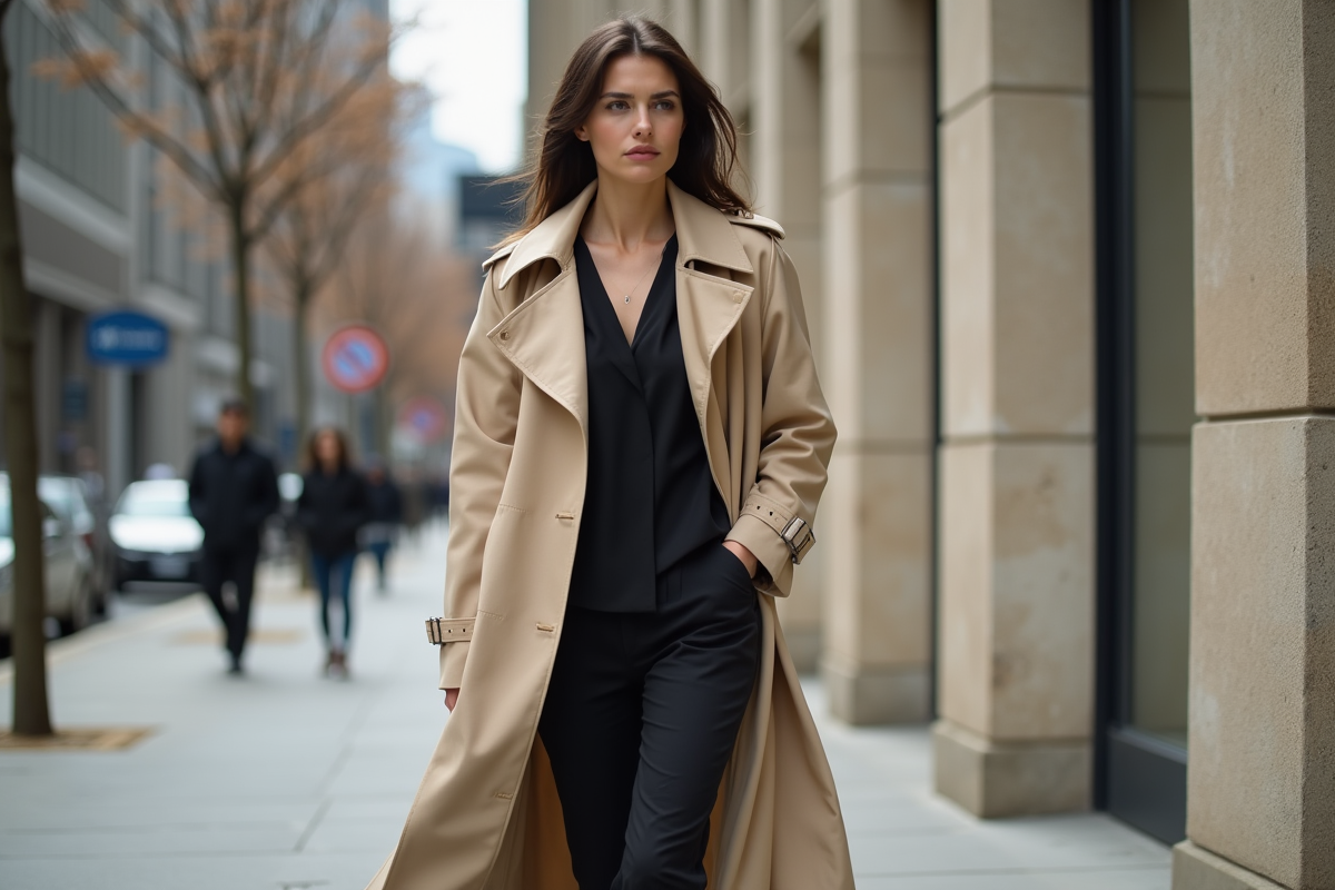 Femme élégante en trench beige dans la ville