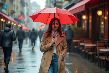 Femme en trench beige avec parapluie rouge en ville