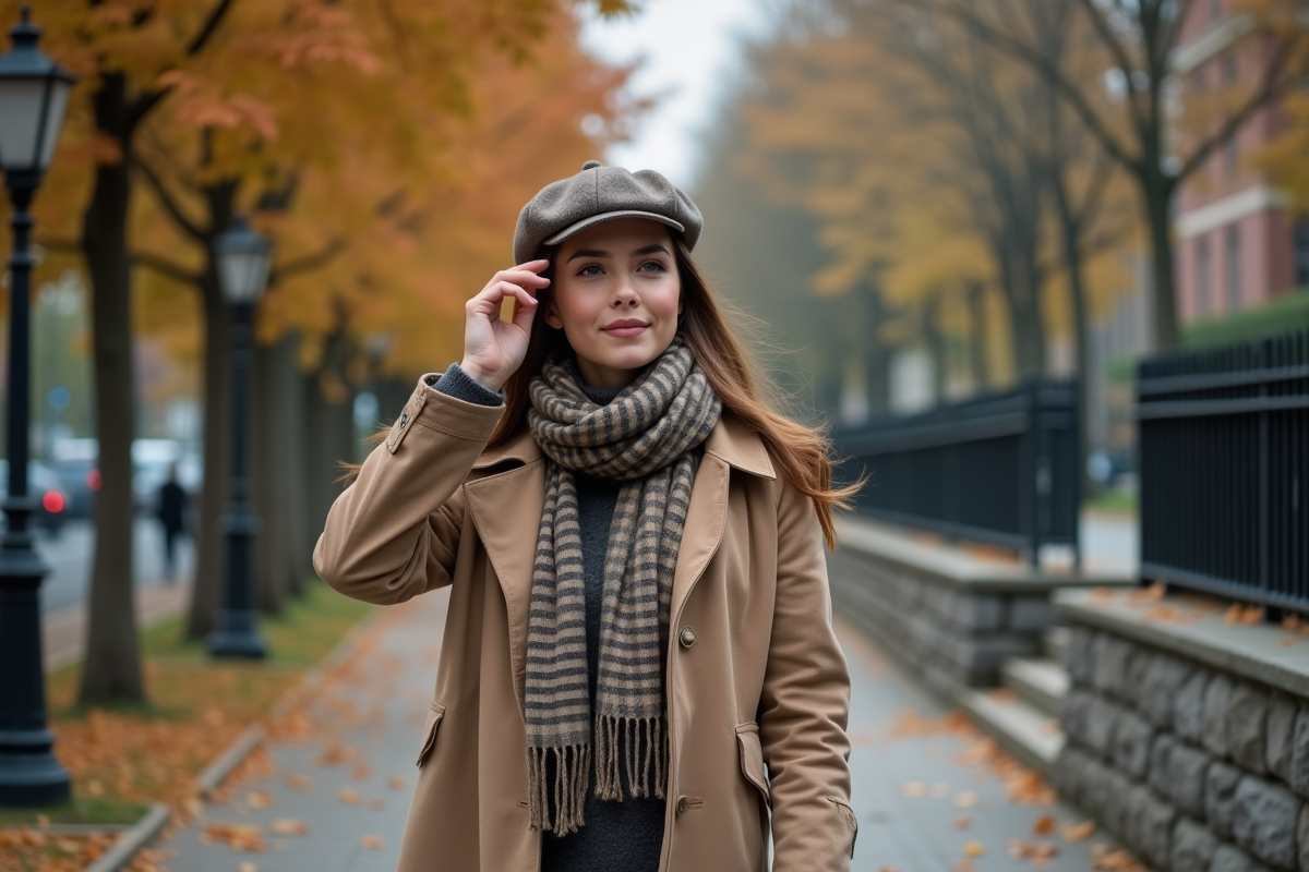 Jeune femme en trench et beret dans un parc en automne