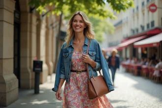 Femme souriante en robe fleurie dans une rue de Paris