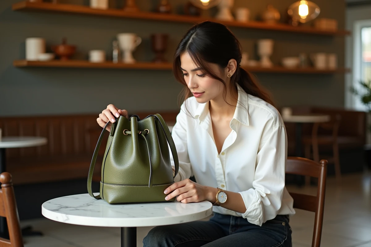 Femme posant son sac bucket en cuir vert olive sur une table de café, style quotidien tendance 2026