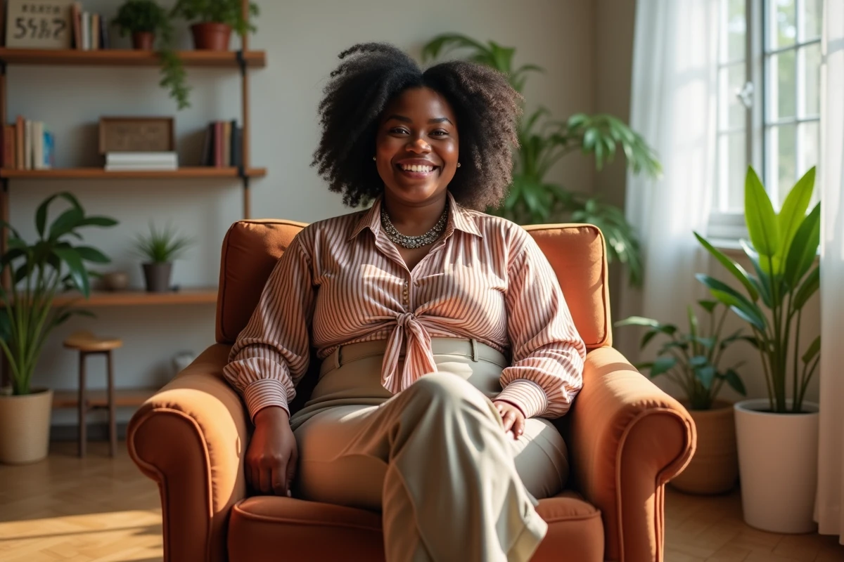 Femme assise dans un salon moderne et chaleureux