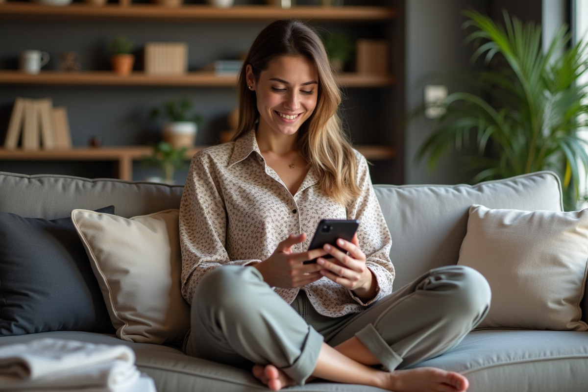 Jeune femme souriante utilisant Vinted à la maison