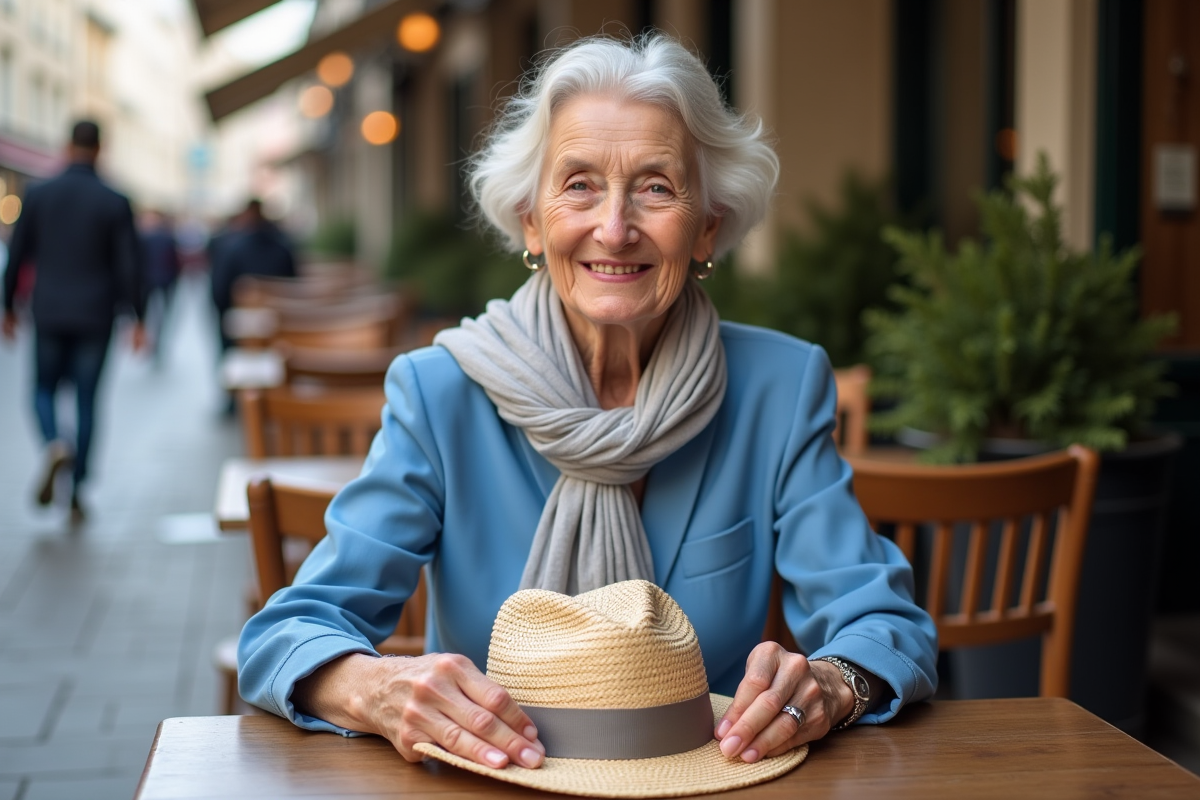 Femme âgée souriante posant avec son chapeau dans un café parisien
