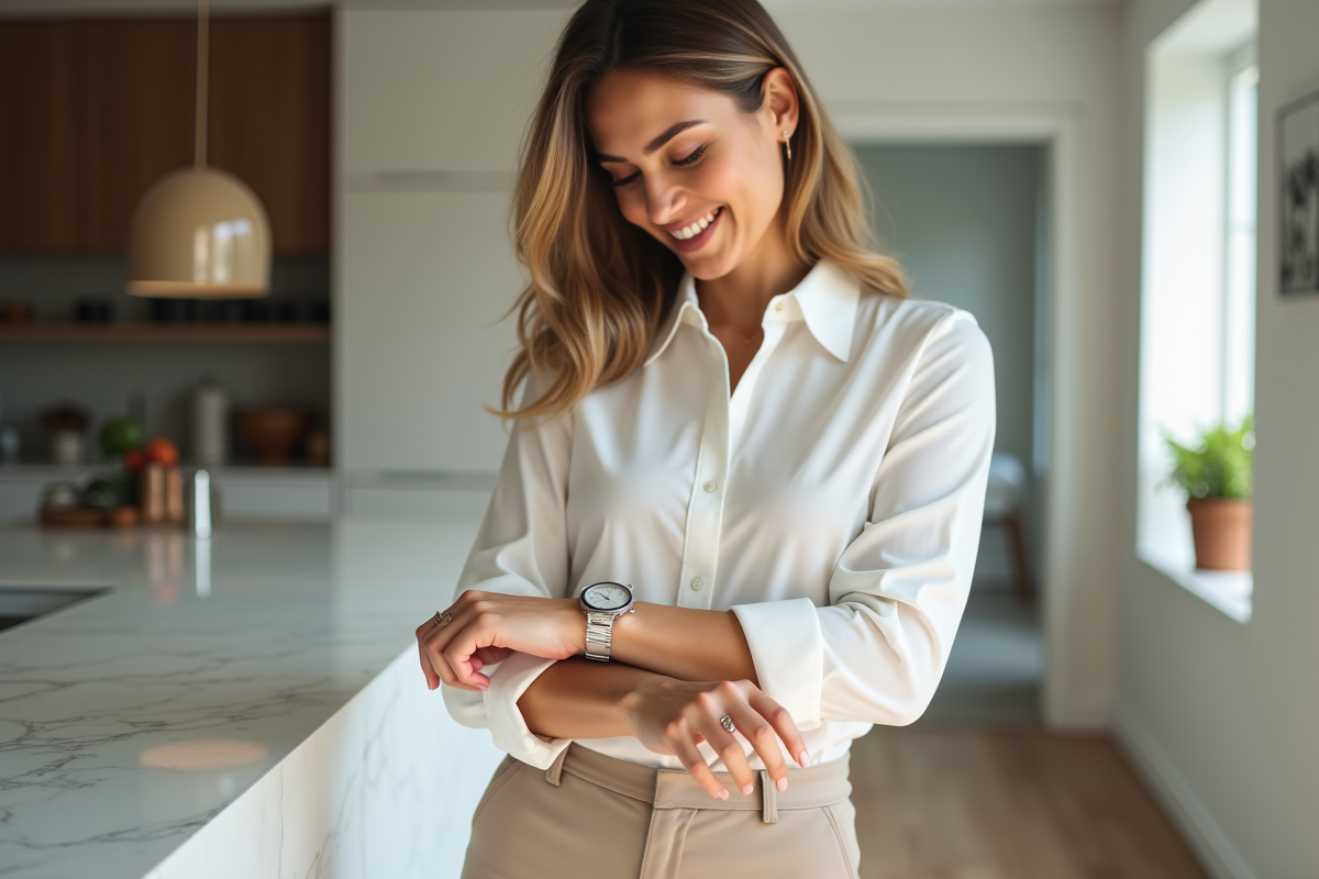 Femme élégante ajustant sa montre dans un appartement moderne