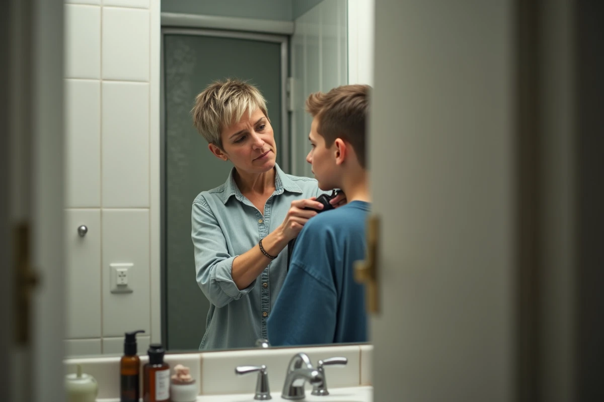 Femme supervisant son fils en train de se faire une coupe