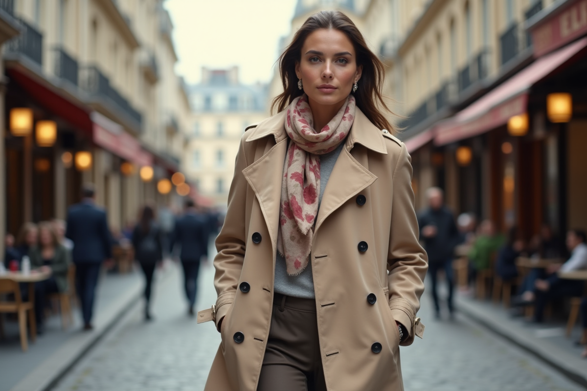 Femme élégante en trench beige dans une rue parisienne