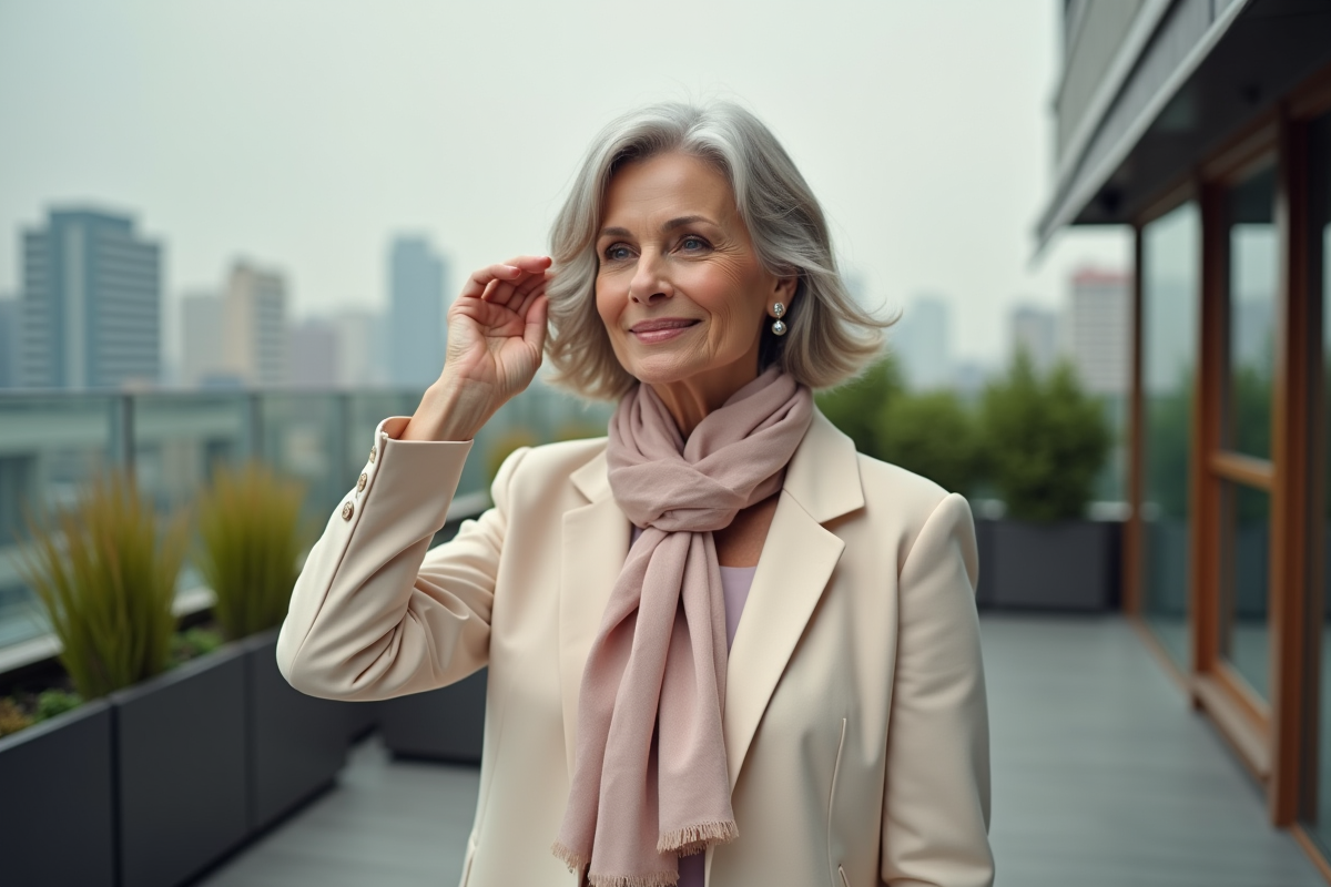 Femme confiante ajustant sa coiffure en terrasse urbaine