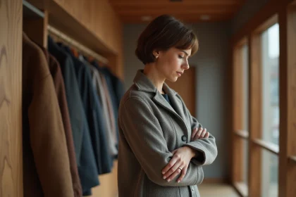 Femme inspectant la couture d'un manteau en laine moderne