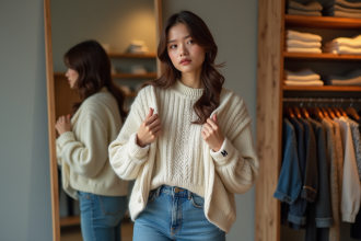 Jeune femme dans une boutique de vêtements essayant deux pulls