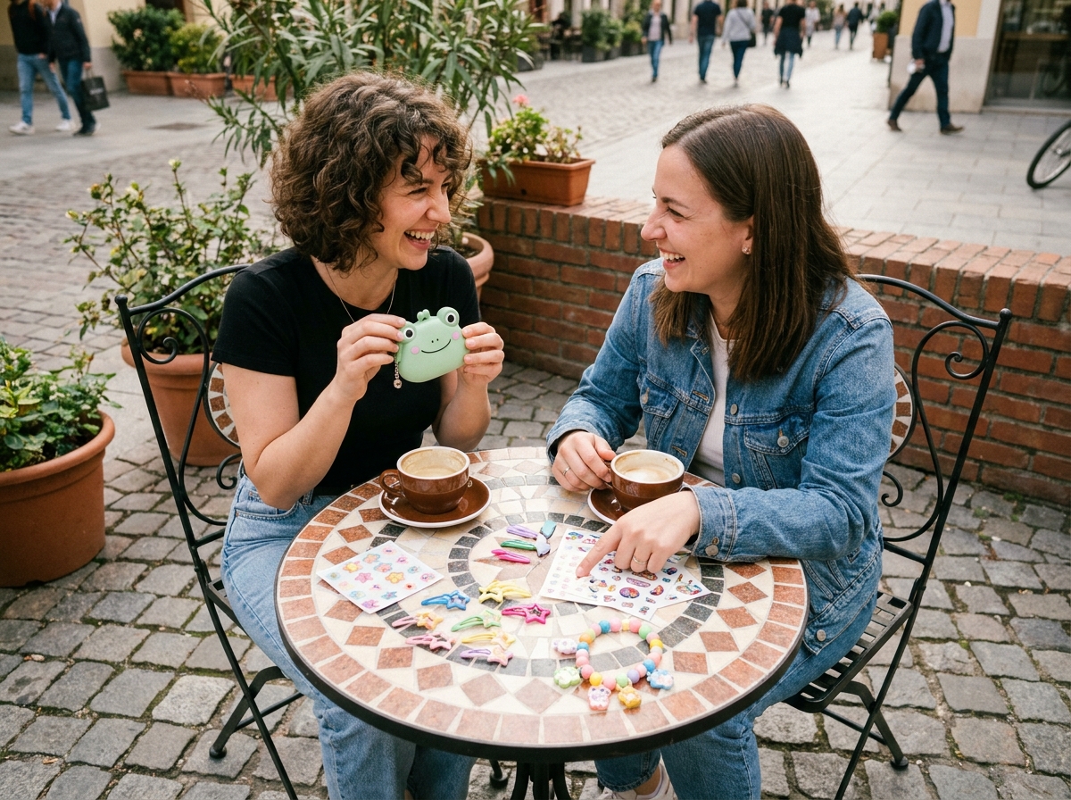 Deux femmes adultes comparant des accessoires kawaï colorés en terrasse de café