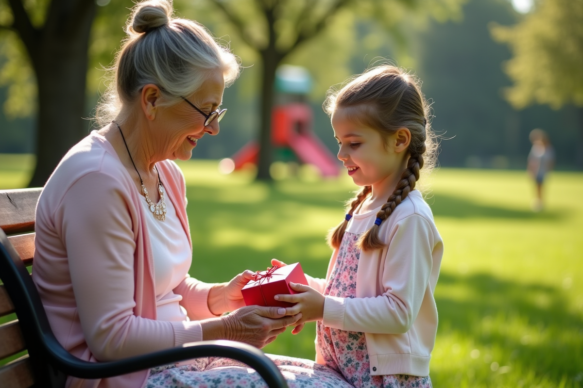 Fille de 10 ans ouvre un cadeau montre avec sa grand-mere