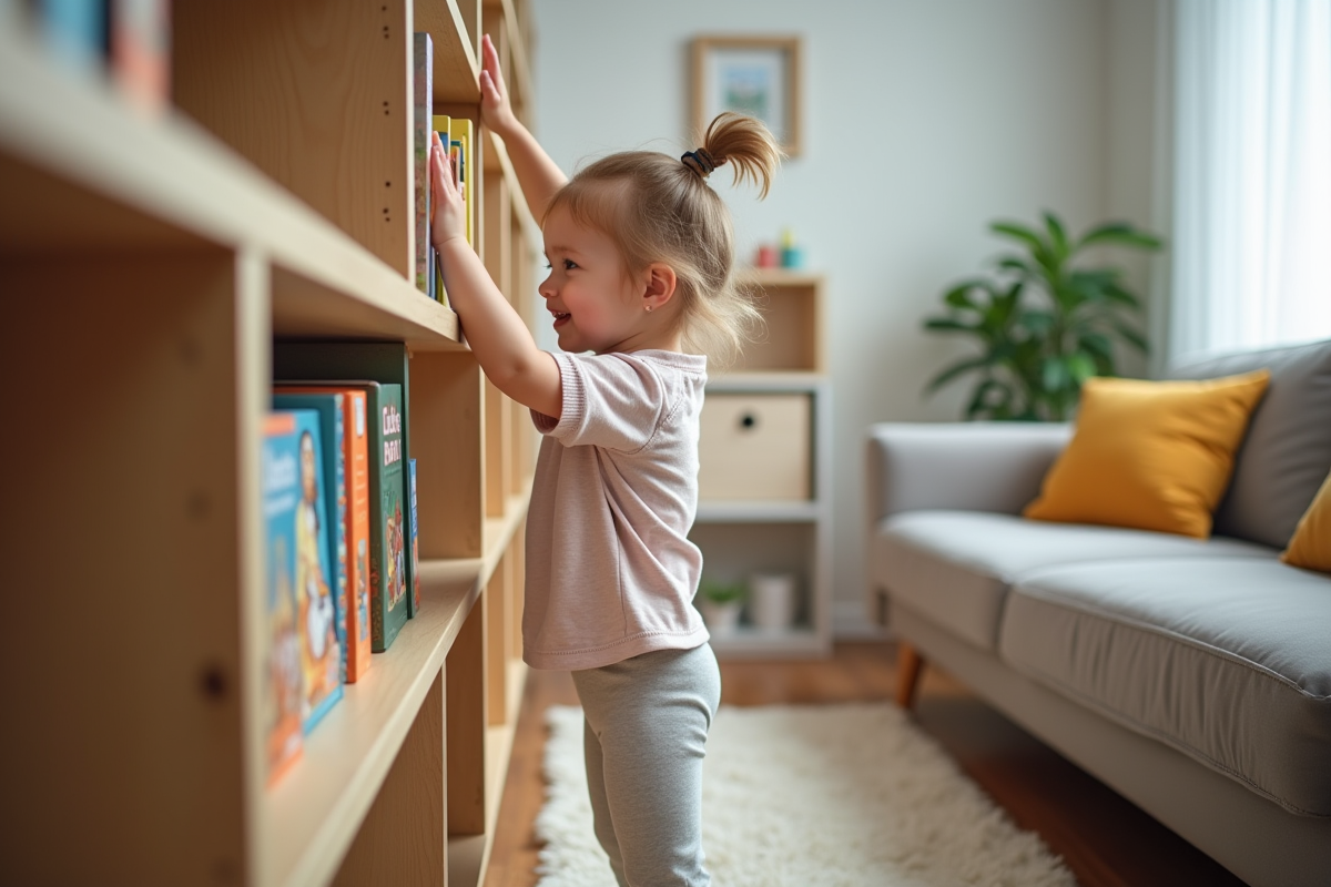 Fille de deux ans posant un livre dans le salon