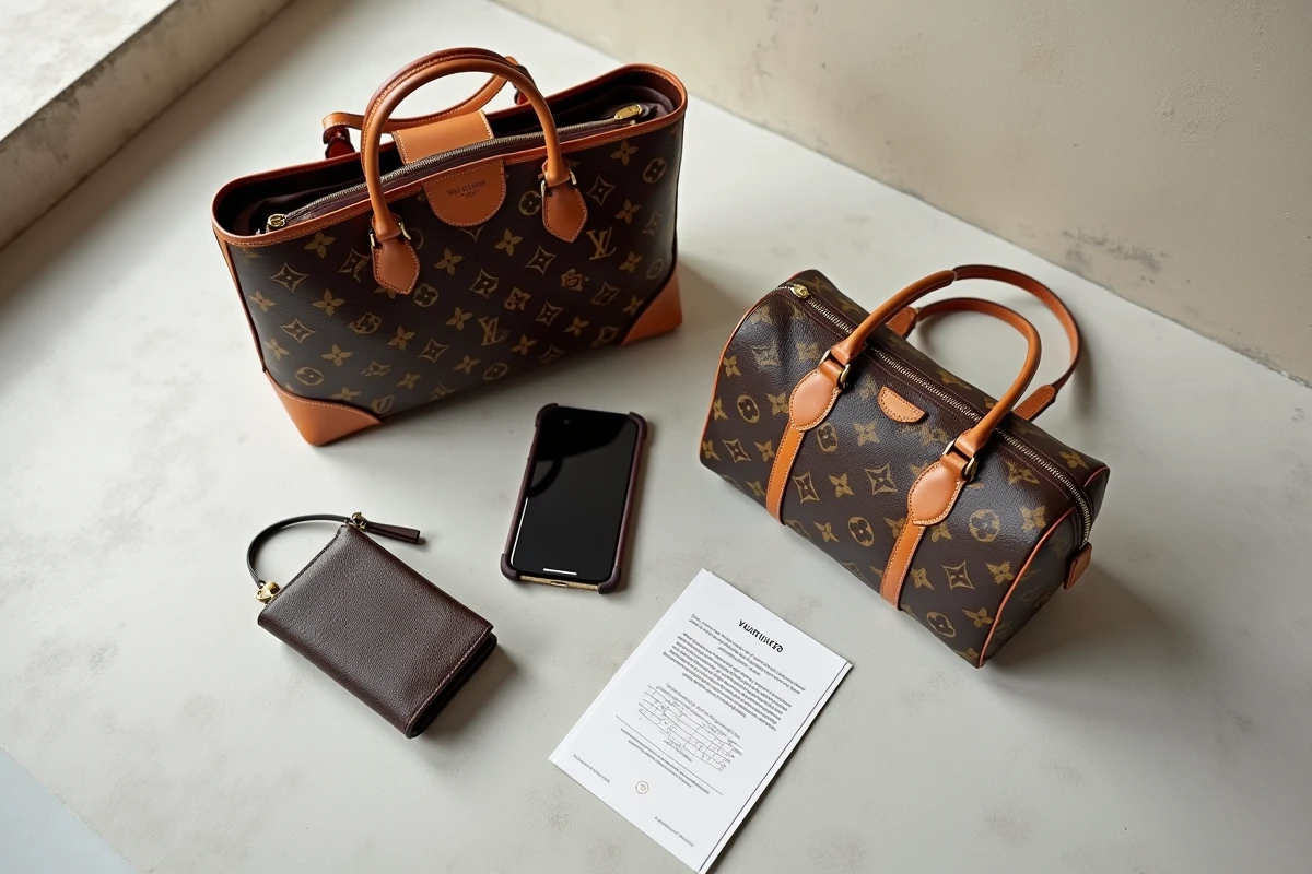 Flat-lay d'articles Vuitton monogramme avec checklist et application d'authentification sur smartphone pour détecter les contrefaçons