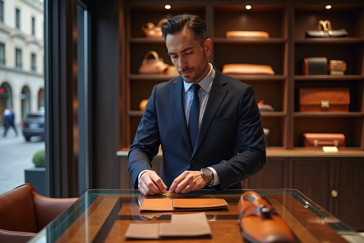 Homme responsable en boutique arrangeant des articles en cuir