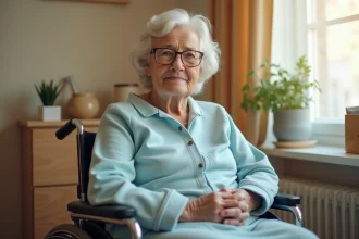 Femme âgée portant une grenouillère adaptée bleue assise en fauteuil roulant dans une chambre de maison de retraite, alliant confort et dignité pour les personnes incontinentes