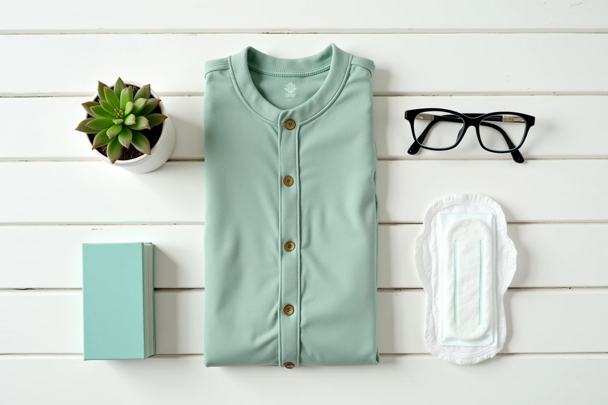 Mise à plat d'une grenouillère adulte verte adaptée pour l'incontinence avec protections absorbantes, représentant une solution de soin alliant protection et dignité au quotidien