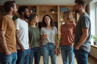 Groupe divers de personnes discutant dans un salon chaleureux
