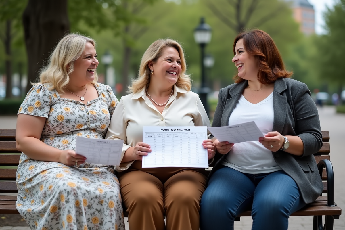 Trois femmes rondes discutant de vêtements en plein air