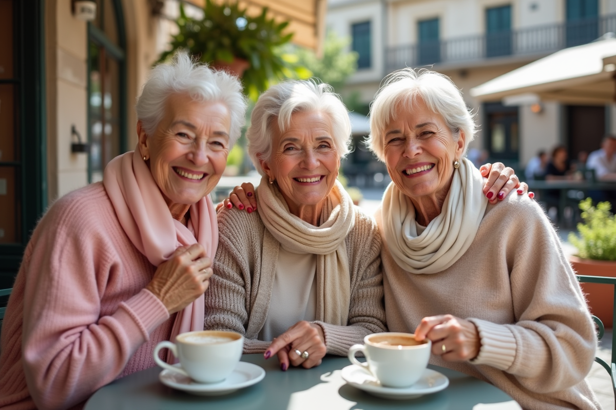 Trois femmes souriantes montrant leur rouge à lèvres en terrasse