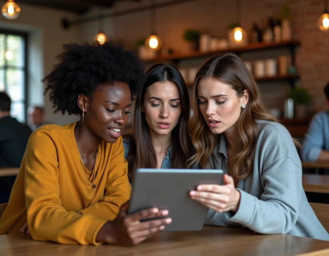 Groupe de femmes influenceuses discutant d'une fuite de contenu en ligne sur une tablette dans un caf&eacute;, repr&eacute;sentant la probl&eacute;matique des leaks sur internet
