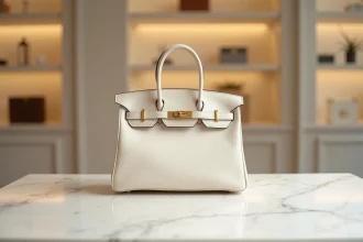 Sac Hermès Birkin 30 en cuir togo naturel avec ferrures dorées posé sur un comptoir en marbre blanc dans une boutique de luxe