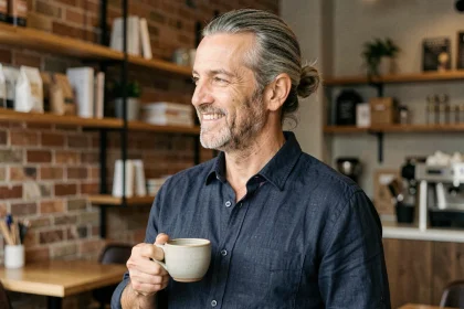Homme de 45 ans avec un chignon bas grisonnant dans un café moderne, style décontracté chic
