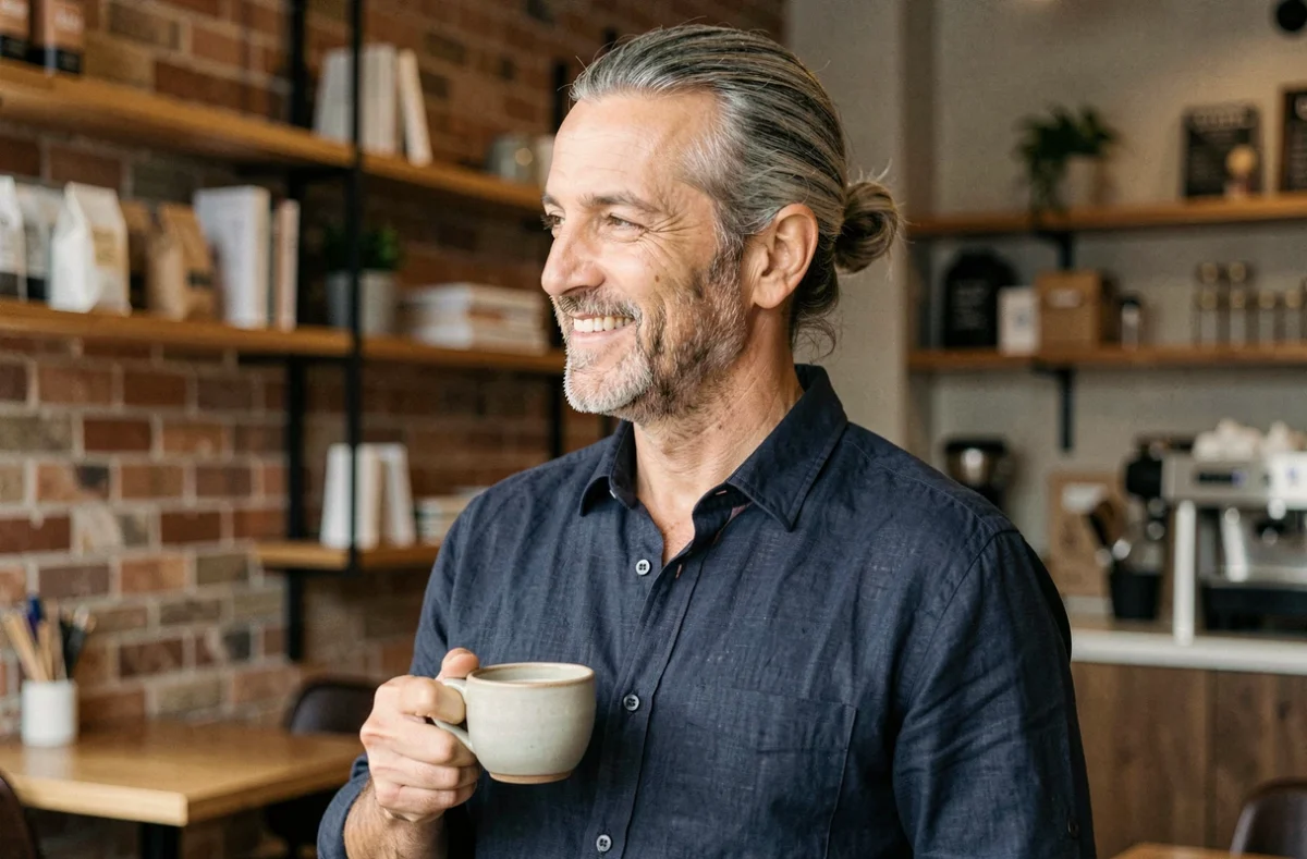 Homme de 45 ans avec un chignon bas grisonnant dans un café moderne, style décontracté chic