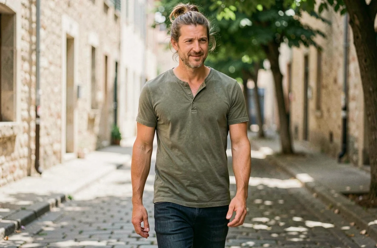 Homme de 48 ans avec un chignon décontracté dans une rue pavée européenne, style casual urbain
