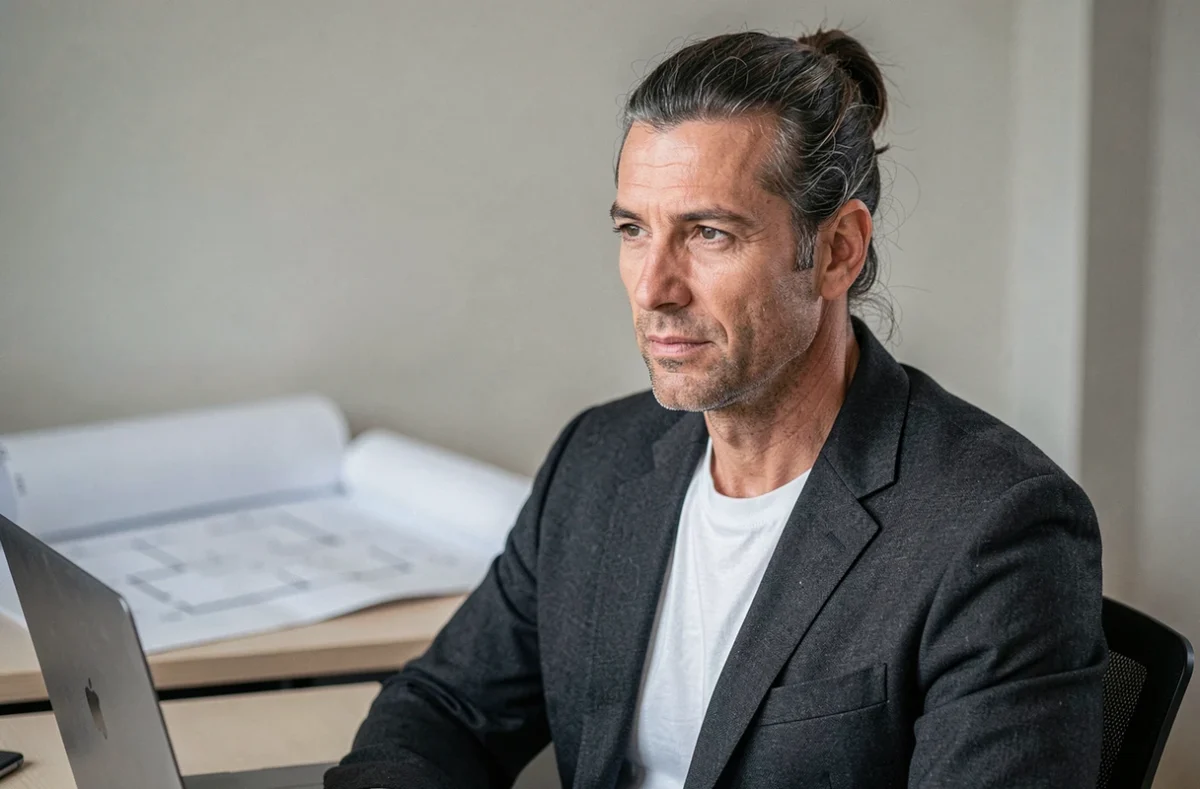 Homme de 50 ans arborant un chignon haut dans un bureau minimaliste, look professionnel moderne