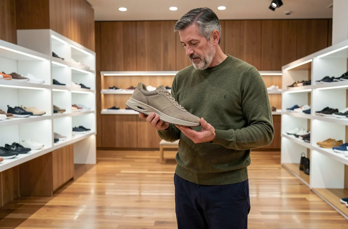 Homme de 60 ans examinant une basket orthopédique stylée dans une boutique de chaussures moderne