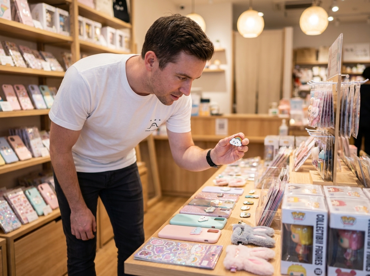 Homme adulte explorant des accessoires kawaï dans une boutique de style japonais