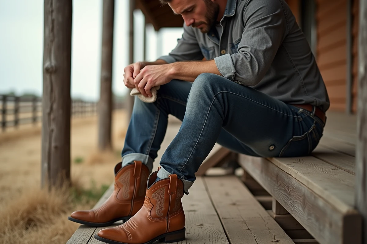 Homme appliquant du baume sur ses bottes western en cuir assis sur les marches d'un ranch