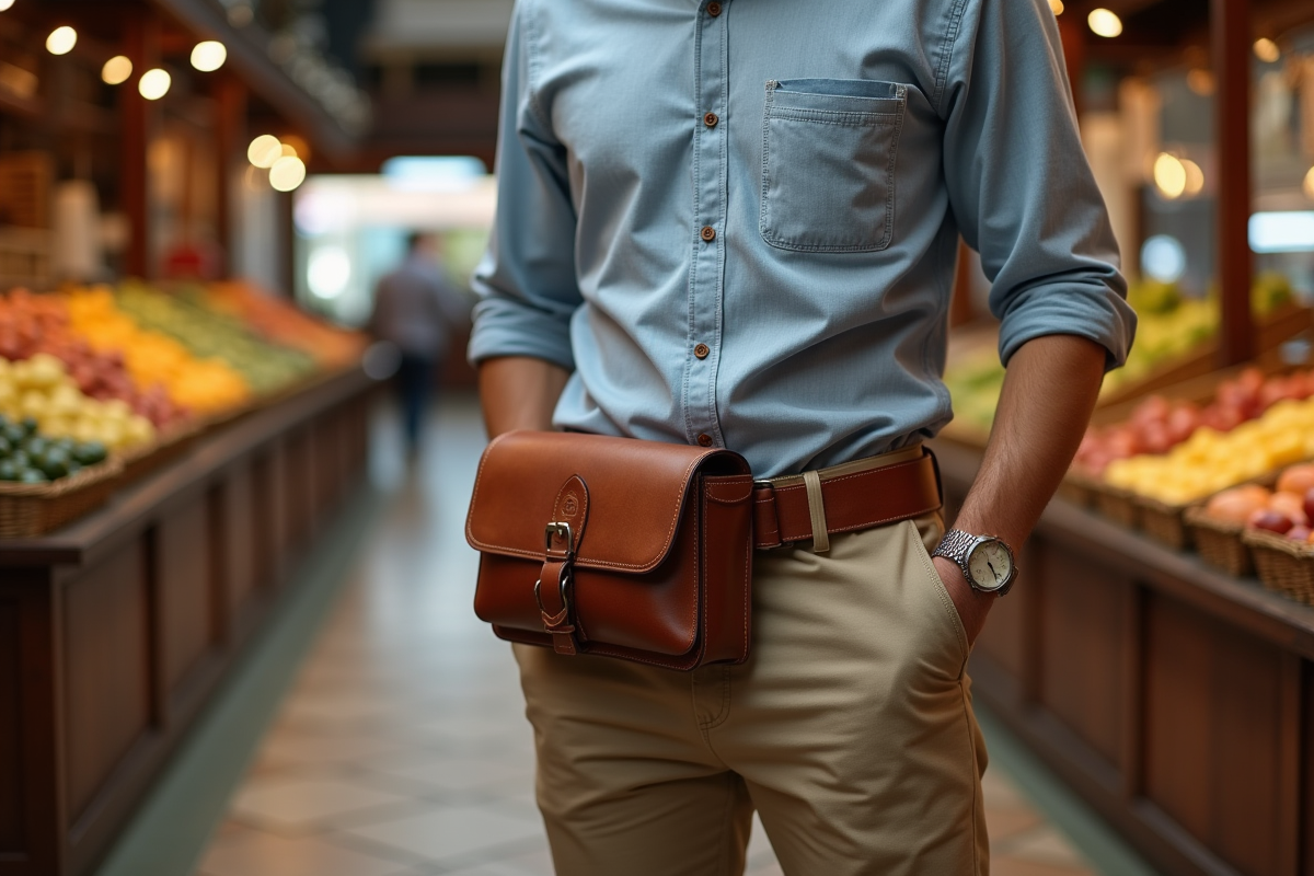 Homme avec sac en cuir dans un marché intérieur