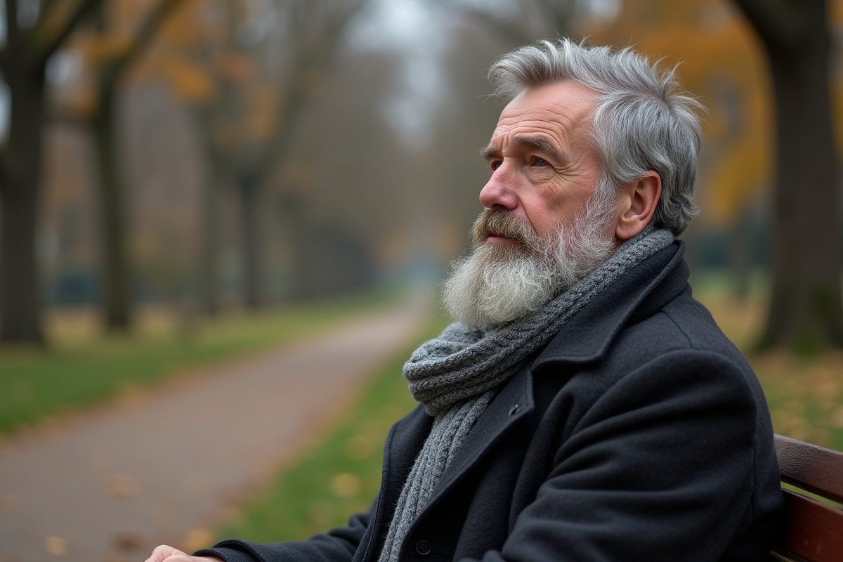 Homme avec barbe dans un parc en automne contemplant le paysage